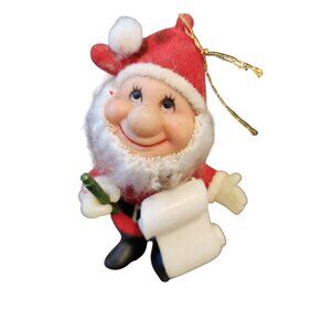 Vintage Trim A Tree Bearded Elf Christmas List Flocked Santa Suit Ornament